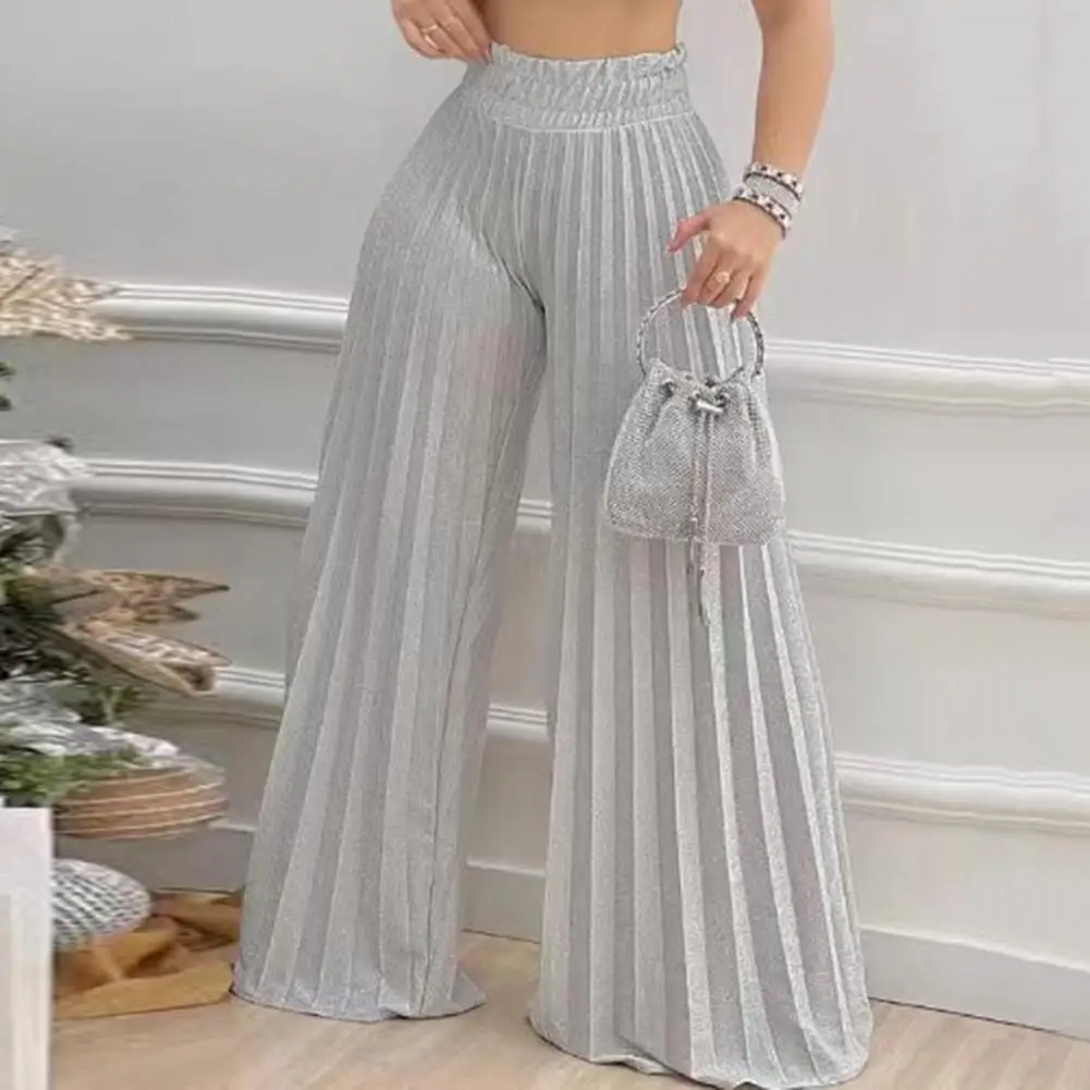 

Женские повседневные длинные брюки с высокой талией, эластичный пояс, однотонные Свободные плиссированные прямые брюки до пола с широкими штанинами в уличном стиле