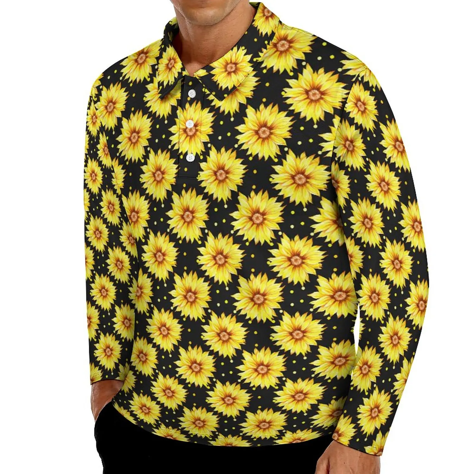

Sunflower Polo Shirt Male Flowers Print Casual Shirt Spring Stylish Turn-Down Collar Long Sleeve Custom Oversize T-Shirts