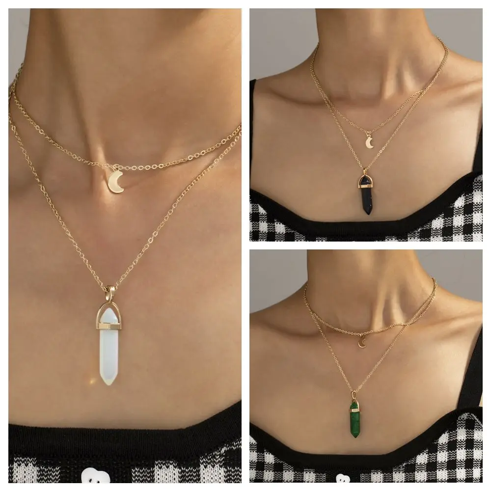 

New Opal Hexagon Pillar Pendant Necklace For Women Niche Design Simple Ladies Party Gift Jewelry Direct Sale Wholesale