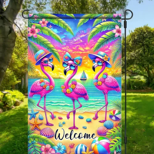 Фото Флаг для сада Welcome Flamingo Summer Garden, 12X18, двусторонний, с тропическими листьями, для улицы D TTP AAL HHM WZZ №3