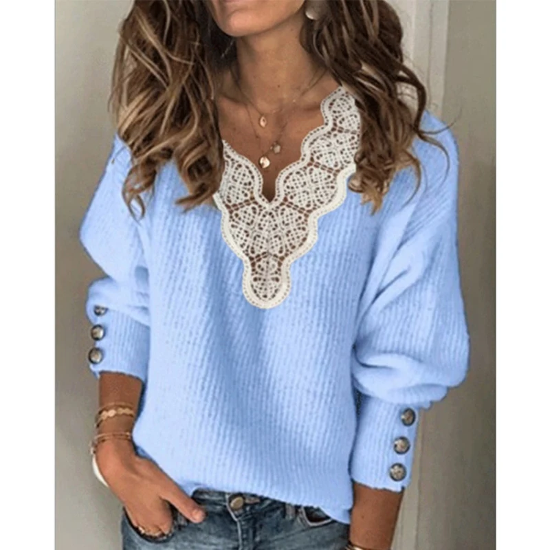 

2021 Women Sexy Lace Patchwork V Neck Sweaters For Women Autumn Winter Sweaters Lace Sexy Warm Sweaters Fashion all-match