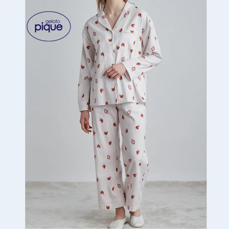 

WINTER Autumn Room Wear Ladies Gelato Pique Women Pajamas Set Pink Strawberry Cotton Cute Homewear