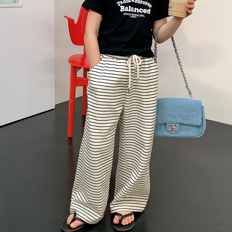 

Детские Полосатые брюки Cong Xiaomei 2023, весенние защитные брюки с высокой талией для девочек, модные драпированные широкие брюки в горизонтальную полоску