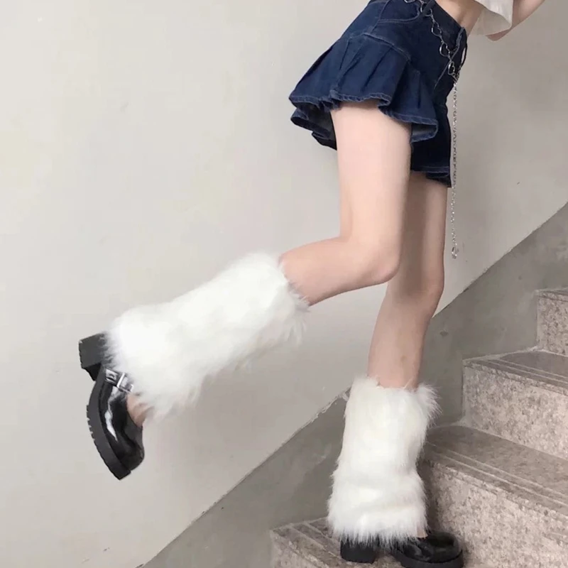 

Japanese Style White Faux Fur Leg Warmers Women Girls Furry Fuzzy Plush Boot Cuffs Top Cover College Student Uniform Calf
