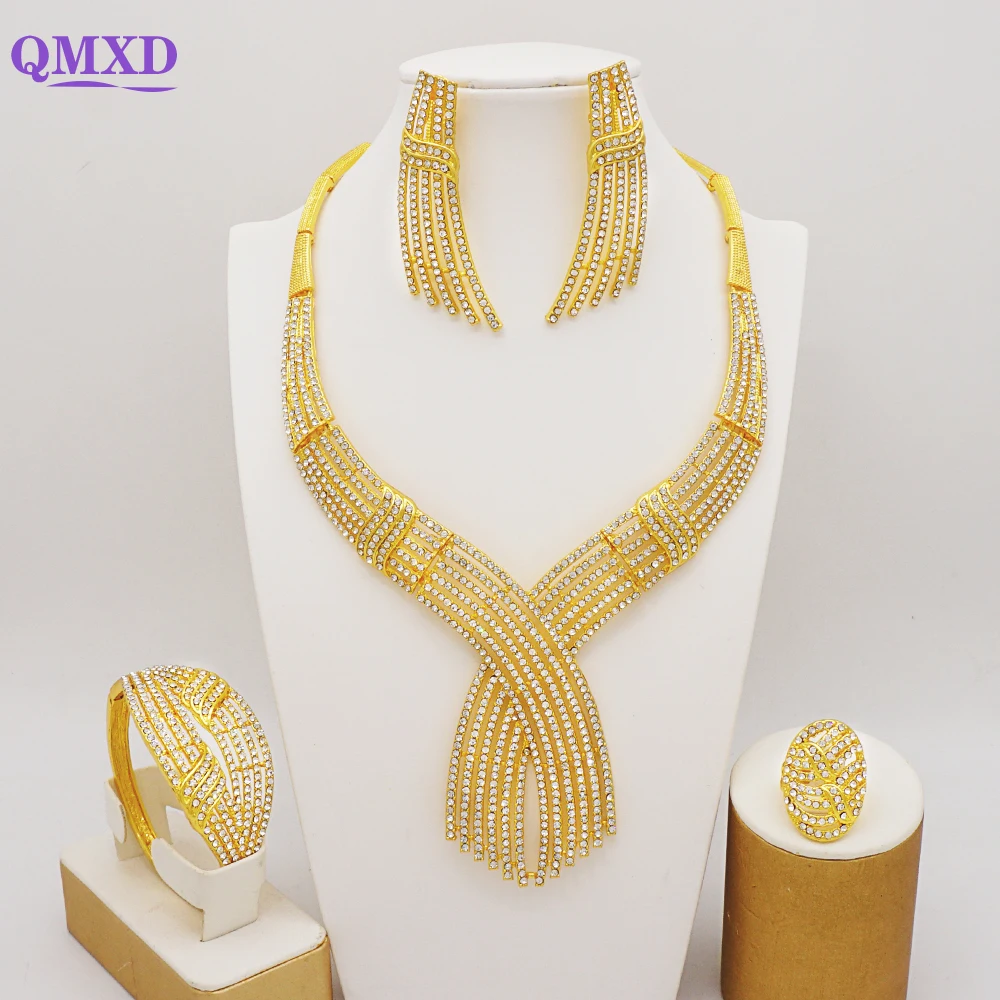 

Top Quality Dubai Gold Color Jewelry Sets For Women Copper Necklace Sets Luxury African Indian Women Party Wedding Jewelry Sets