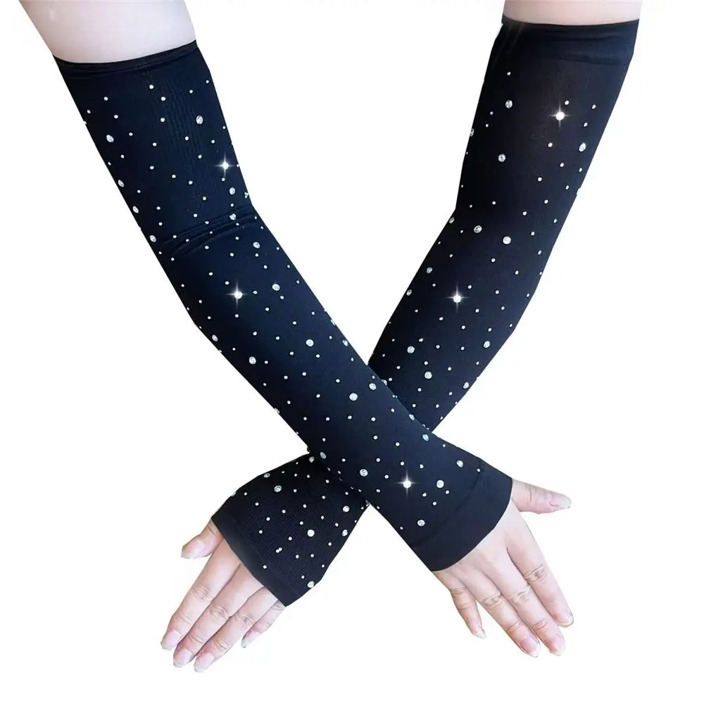

Ice Silk Long Gloves With Colored Flash Diamonds Stage Performance Punk Women's Driving Sunscreen Black Gloves Cosplay Party