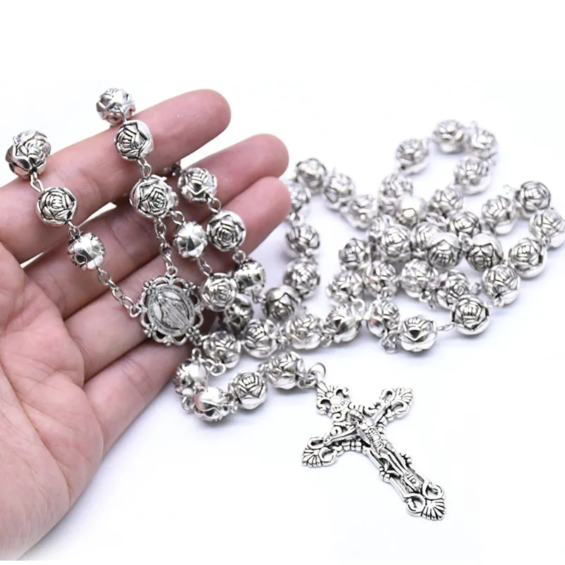 

Vintage Cross Women Rosary Necklace Accessories Rose Flower Religious Necklace For Wedding Ladies