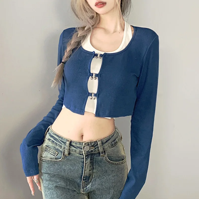 

A tender maiden U-neck Two-Piece Stitching halter Knitted Cardigan T-shirt Women's Bottoming Slim Short woman Top summer