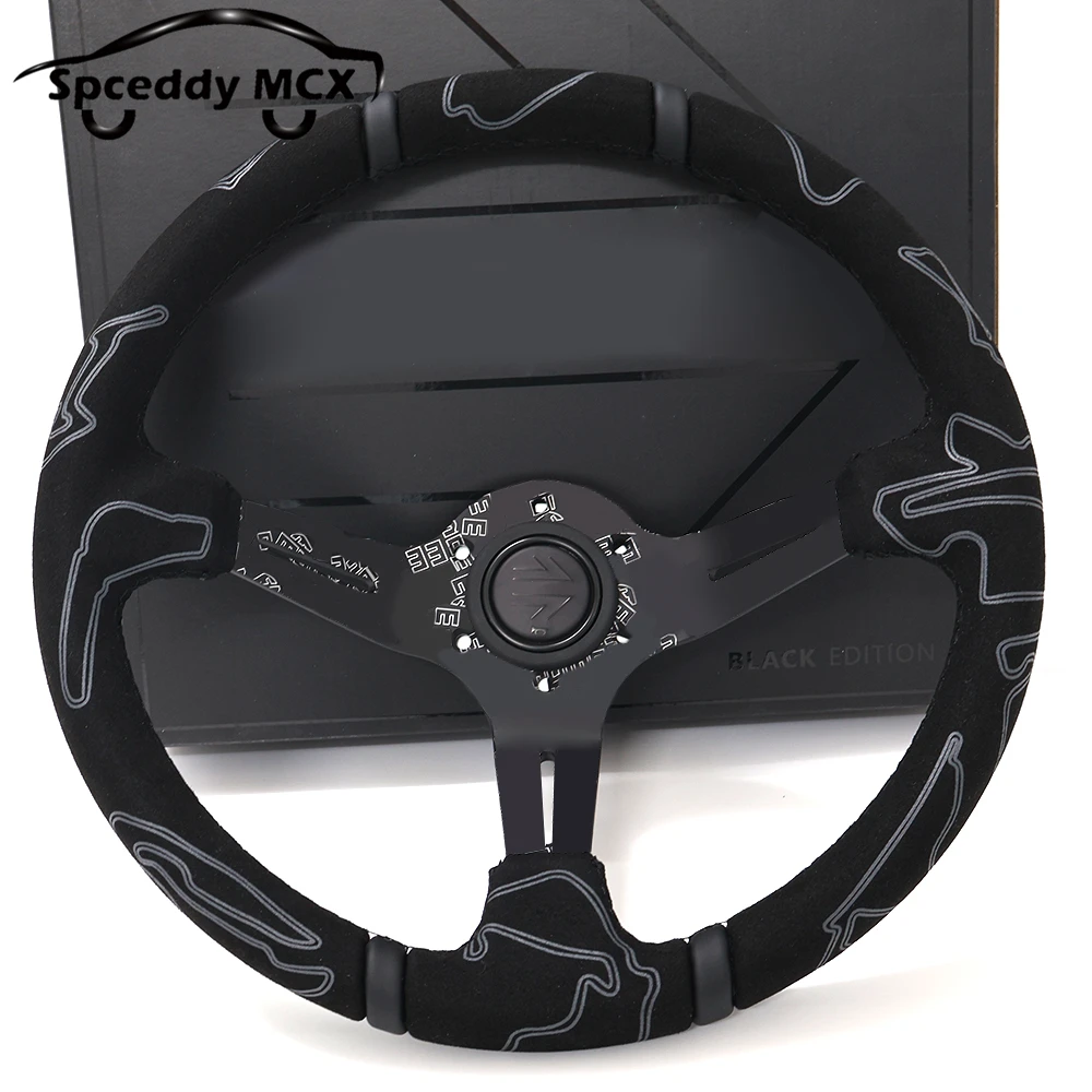 

13,5-дюймовые гоночные рулевые колеса Deep Dish Universal Black Edition Deep Corn 335 мм Спортивное рулевое колесо JDM Suede Doodle Ultra