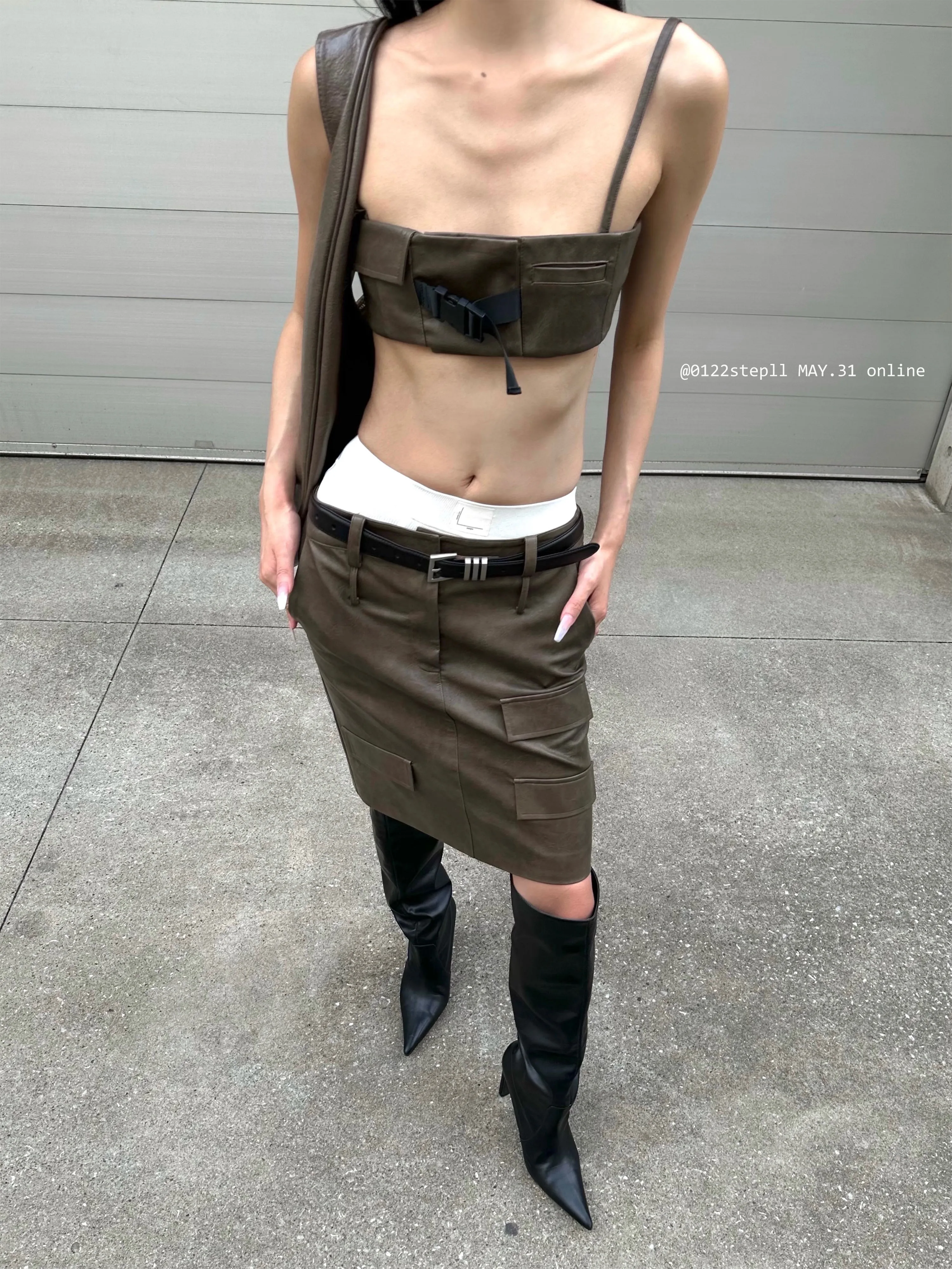 022stepll Functional Deconstruction Short Low Waist Skirt Women's Retro Senior Brown Sling Tube Top Set#