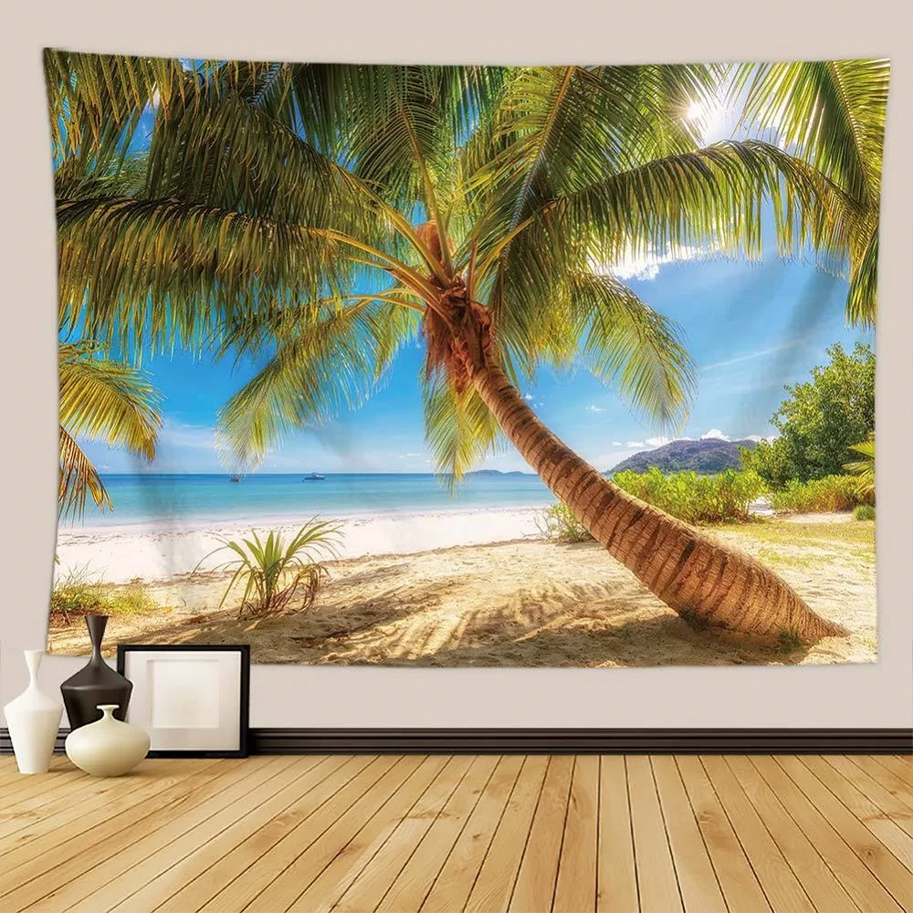 

Ocean Beach Tapestry Tropic Paradise Coconut Palm Tree Waves Nature Scenery Tapestries Bedroom Living Room Dorm Wall Hanging