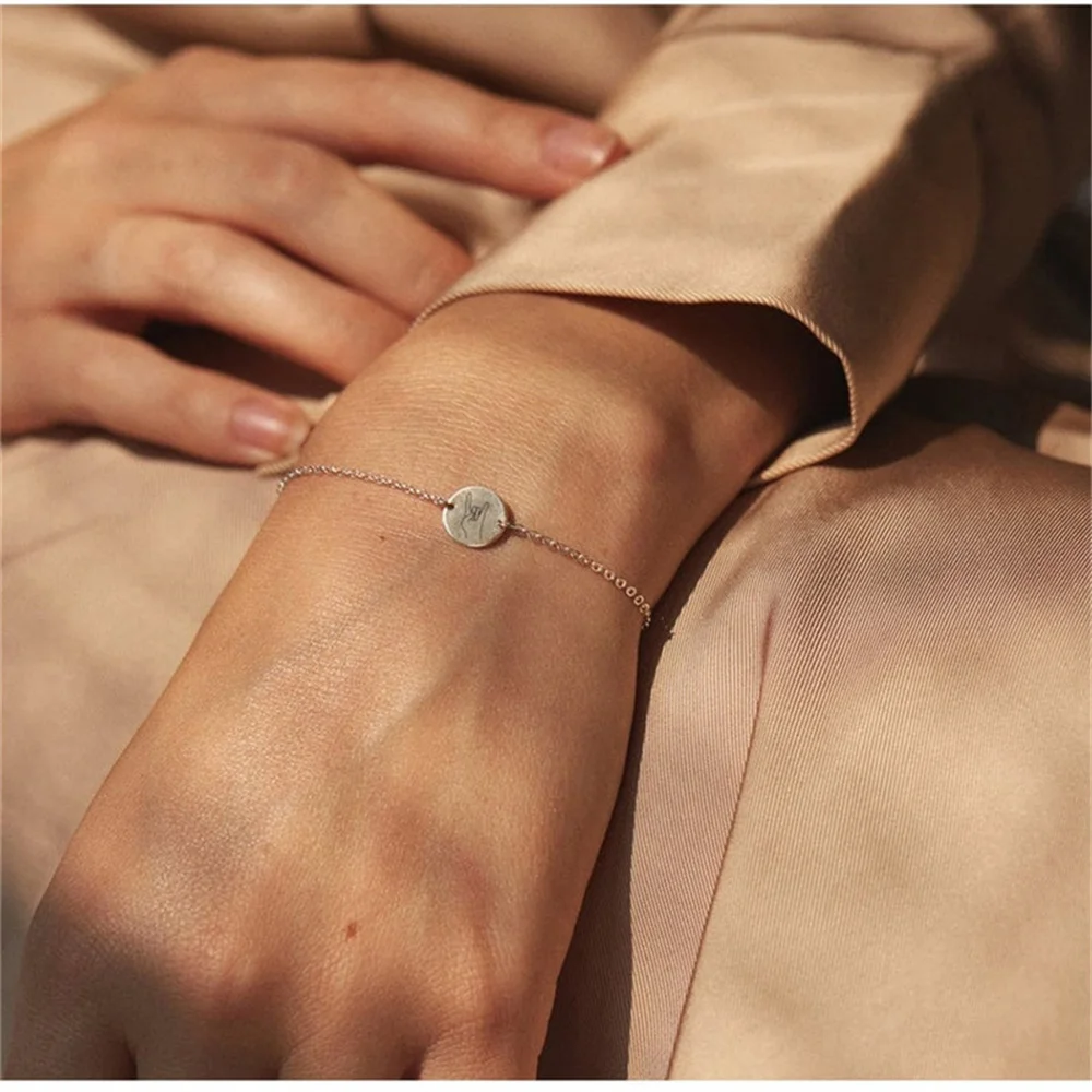 Custom Personality Women's Bracelet Gesture Minimalism Custom Stainless Steel Bracelet Lllustration Carved Icon Peace Pinky