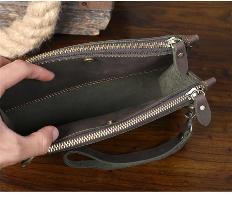 Fashion retro crazy horse cowhide men's clutch bag outdoor mobile phone business card holder card long 2 zippers messenger bag
