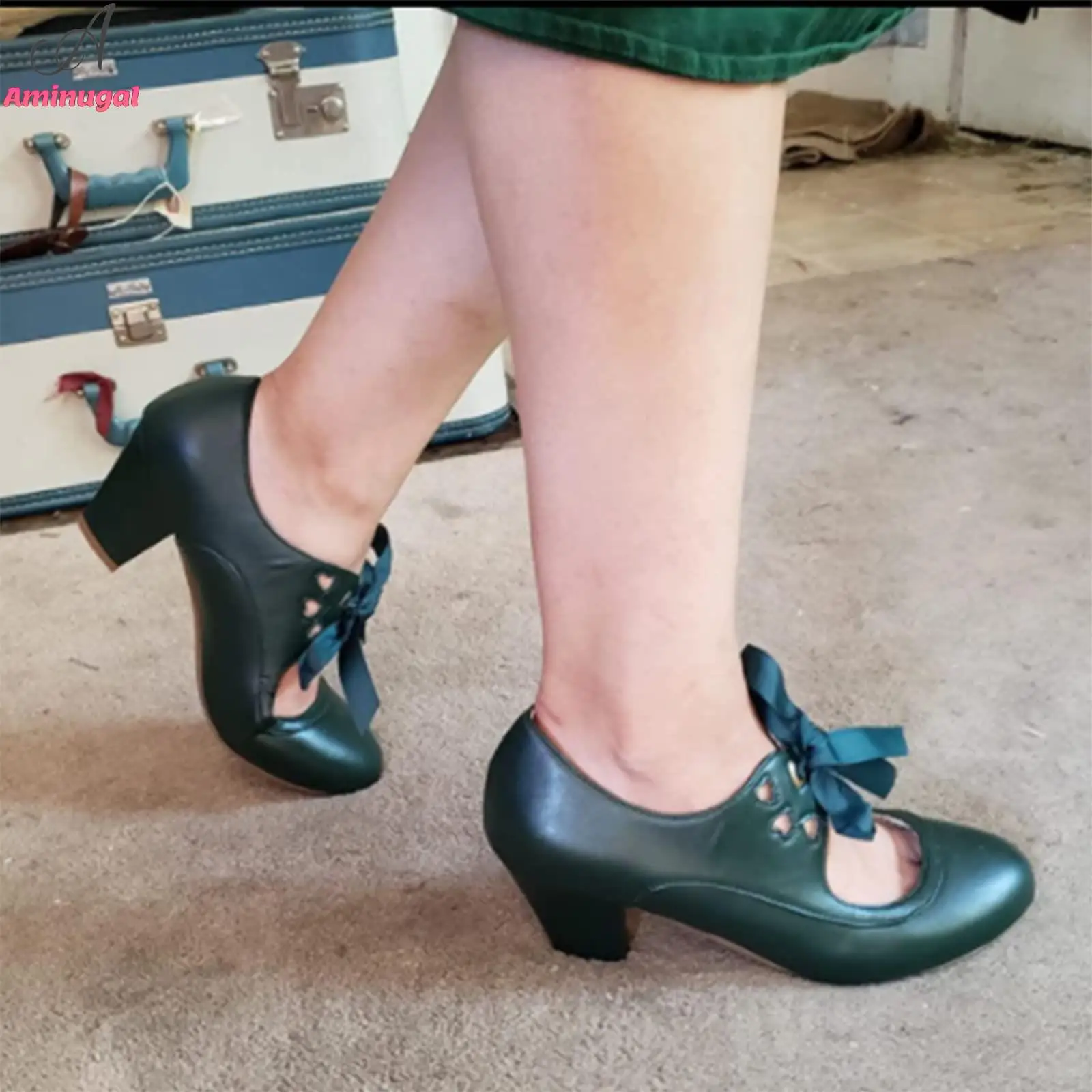 

Aminugal Brand Design 2023 Spring Chunky Women's Mary Jane Pumps Block Shoes Adorable Vintage Shoes Round Toe Lace Up Footwear