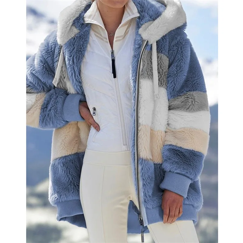 

Winter Women Jacket Warm Plush Casual Loose Hooded Coat Mixed Color Patchwork Winter Outwear Faux Fur Zipper Ladies Parka Coat