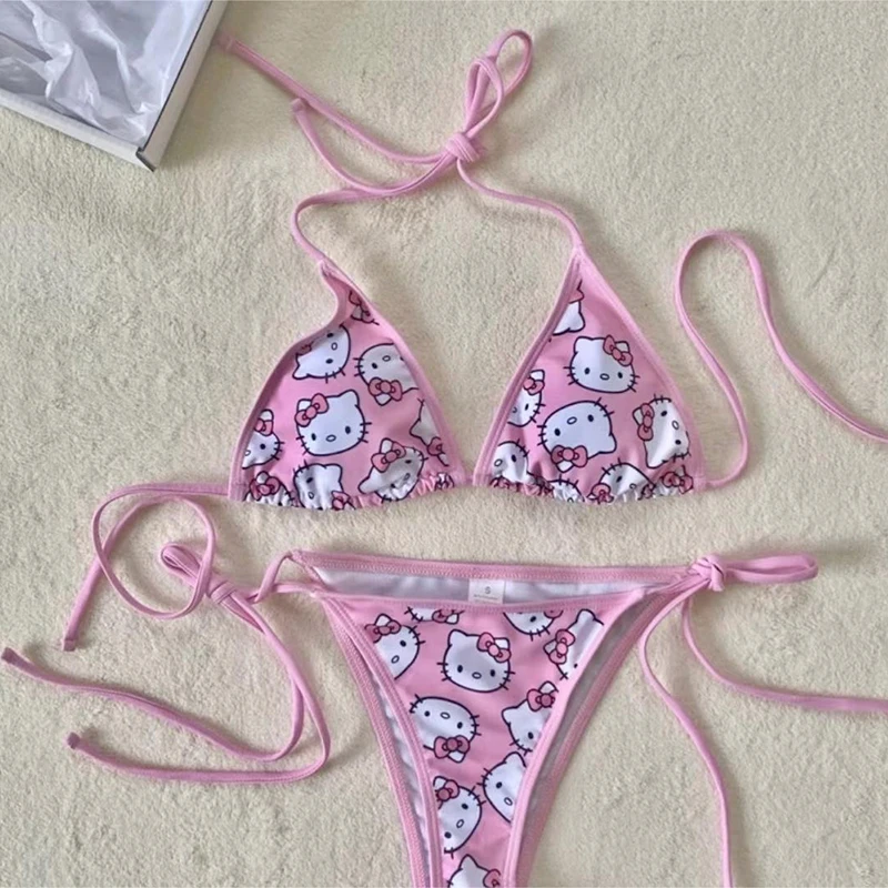 

Kawaii Sanrio Hello Kitty Pink Bikini Cartoon Student Girl Summer Beach Vacation Swimsuit Underwear Pant Cosplay Clothes Gift