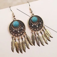 2022 new retro ethnic style bohemia earrings for women round hollow feather tassel dangle earrings