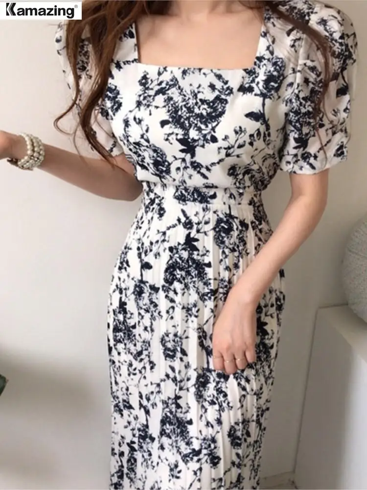 

Summer Elegant Women Print Puff Sleeve Prom Dress Lady One Piece Casual A-Line Maxi Vestdios Female Pleated Dress