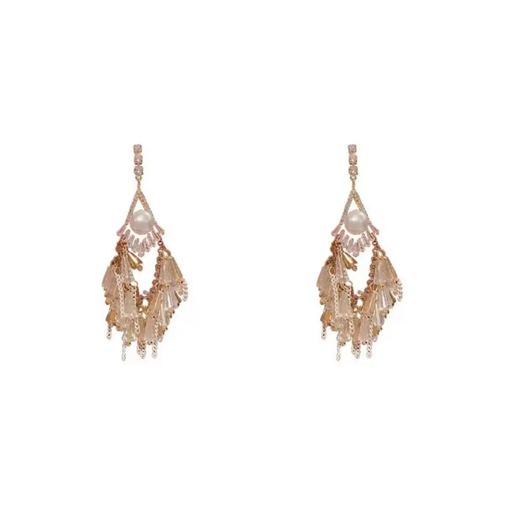 

Vintage Palace Pearl Artificial Crystal Flower Tassel Earrings Korean High Grade Light Luxury Style Earrings Female