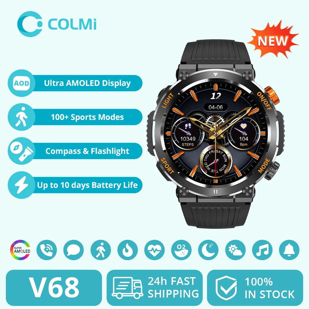 COLMI V68 1.43'' AMOLED Display Smartwatch 100 Sports Modes Compass Flashlight Men Military Grade Toughness Smart Watch