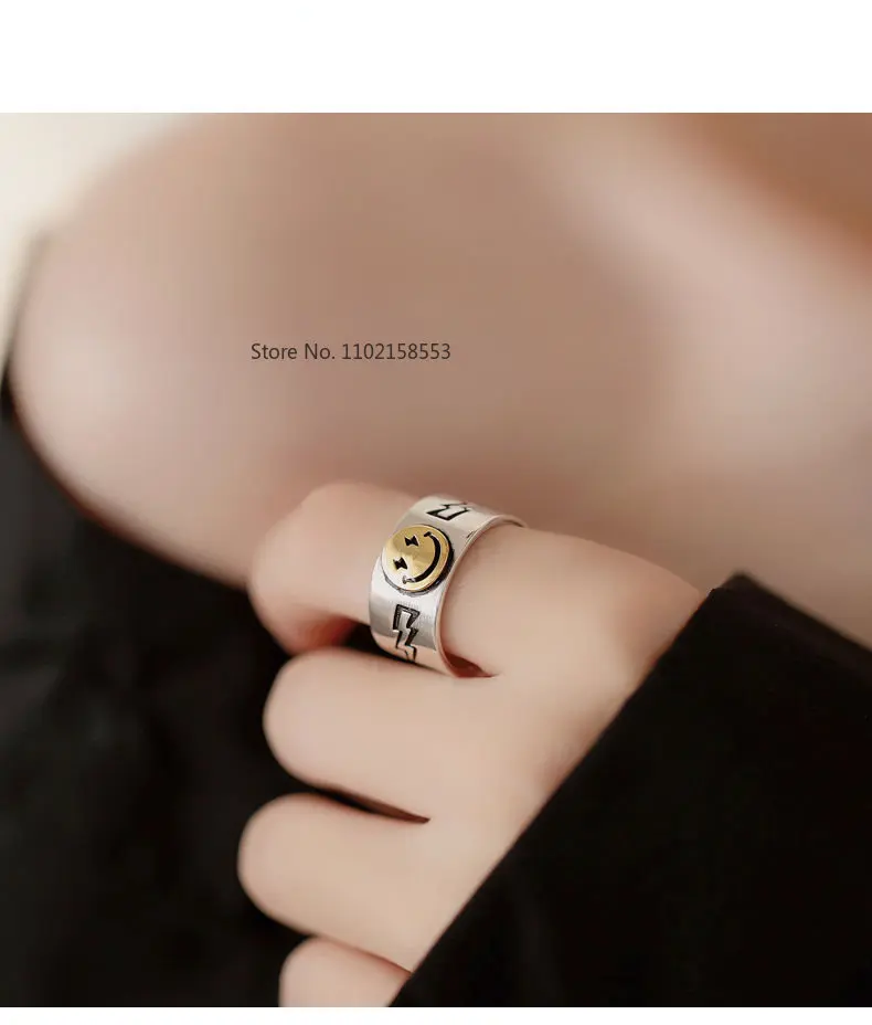 

SMILEY Smiley Lightning Ring Whole Body S925 Sterling Silver Wide Face Open Ring Student Couple Personality Gift