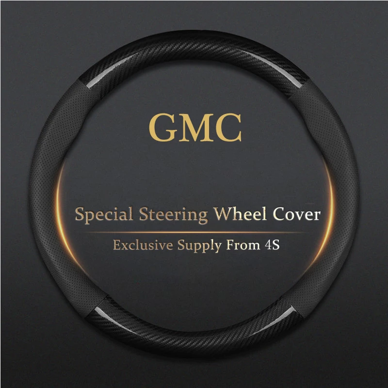 For GMC Steering Wheel Cover Genuine Leather Carbon Fit Acadia Canyon Envoy Denali Hummer Jimmy Terrain Sierra Non-Slip Washable