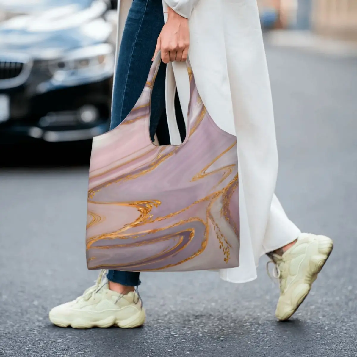 

Gold Liquid Print Shopping Bag Rose Marble Business Woman Handbag Gift Retro Polyester Bags