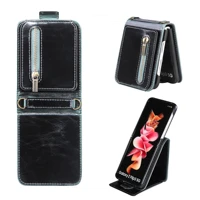 phone case for galaxy z flip 3 5g card holder zipper cover for samsung z flip 3 fundas crazy horse pattern leather back shell