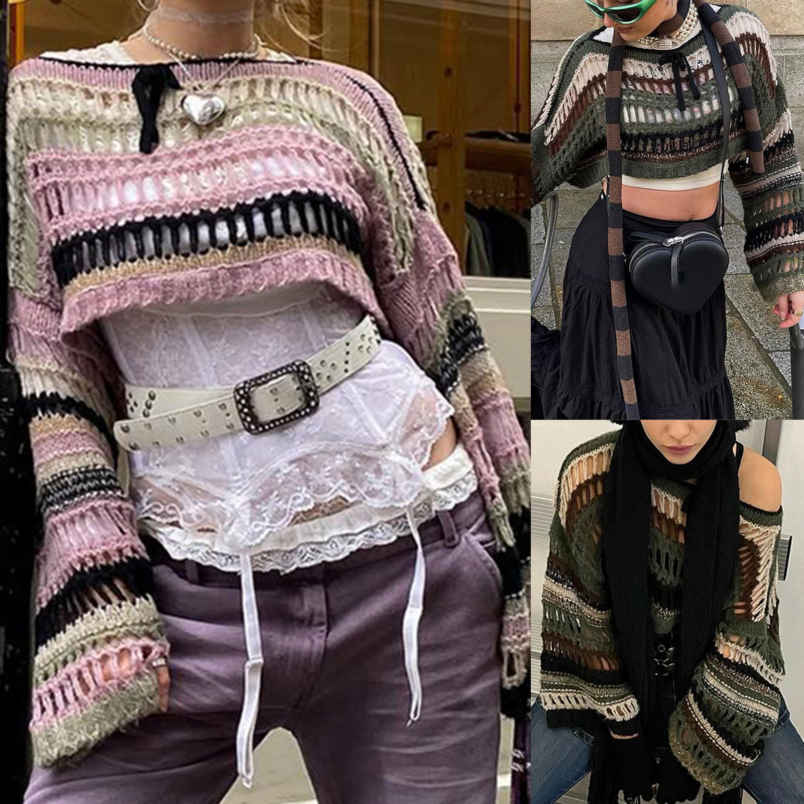 

Y2K Hollow Out Knitted Smock Top Round Neck Long Sleeve Crop Tops Fashion Streetwear Breathable Women's Daily Suit