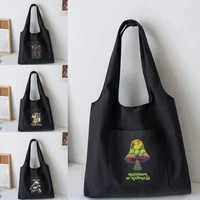 mushroom print vest bag women canvas shoulder bag large capacity travel tote bags portable shopping bag key cosmetic storage bag