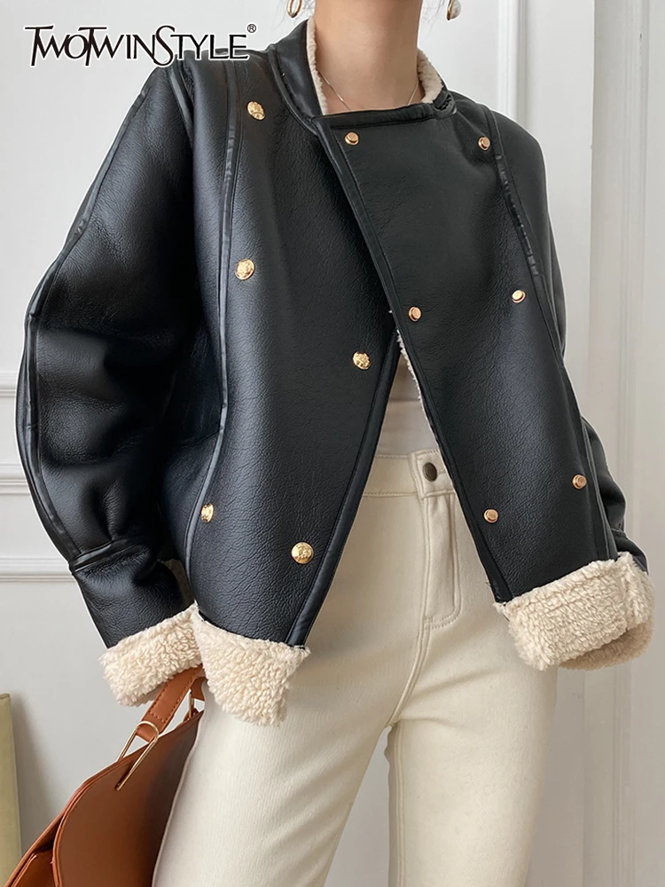 

Женское кожаное пальто TWOTWINSTYLE, свободное Прямое пальто с круглым вырезом, длинными рукавами и пуговицами в стиле пэчворк на лето 2019