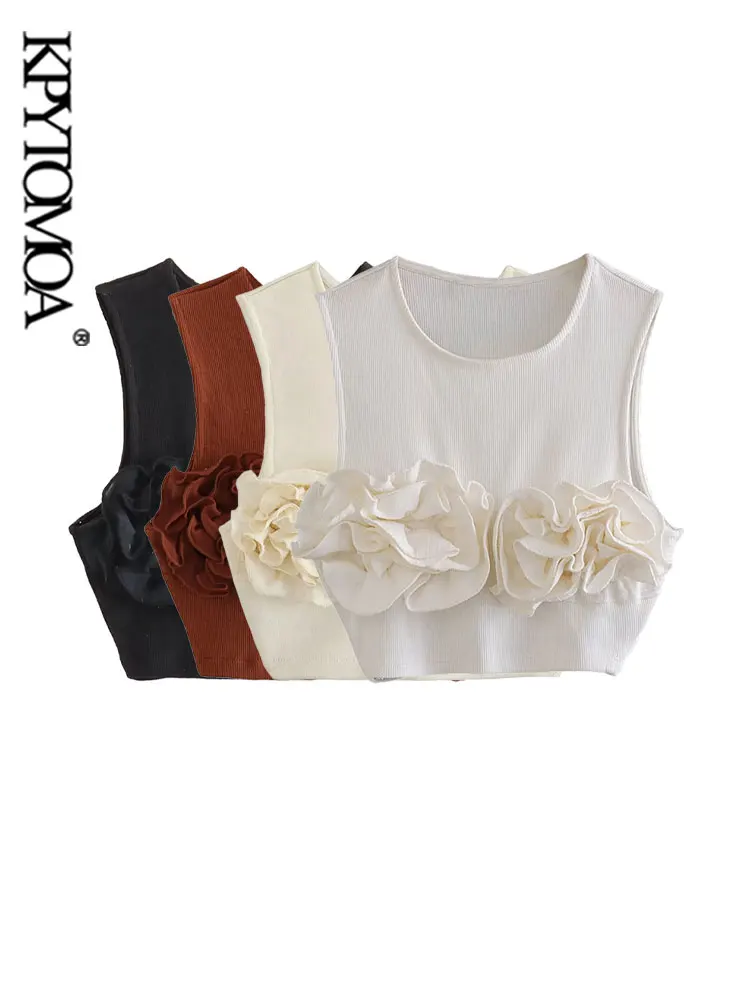 

KPYTOMOA Women Fashion Floral Appliques Cropped Ribbed Knit Tank Tops Sexy Sleeveless O Neck Female Camis Mujer