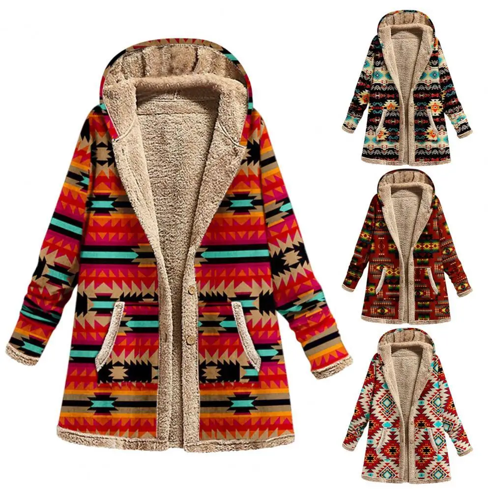 

Outwear Casual Loose Hooded Jacket Autumn Winter Women Coat Geometric Print for Daily Wear