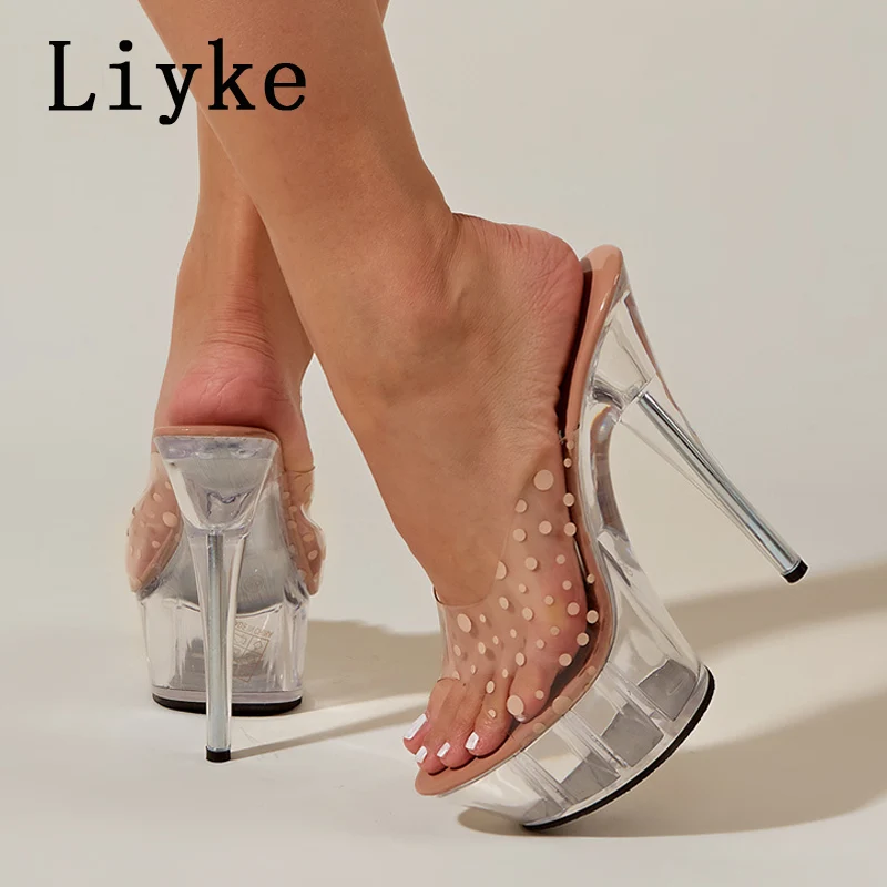 

Liyke Sexy Party Club Stripper Clear Shoes Women 2022 Platforms High Heels Sandals Fashion Polka Dot PVC Transparent Slippers