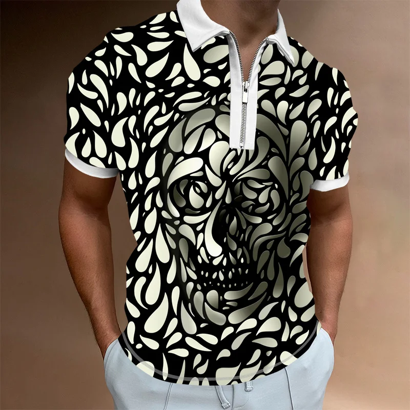 

New skull Summer High Quality Men Polo Shirts High Street Print Casual Short Sleeve Mens Turn-Down Collar Zipper Polo Shirt Men