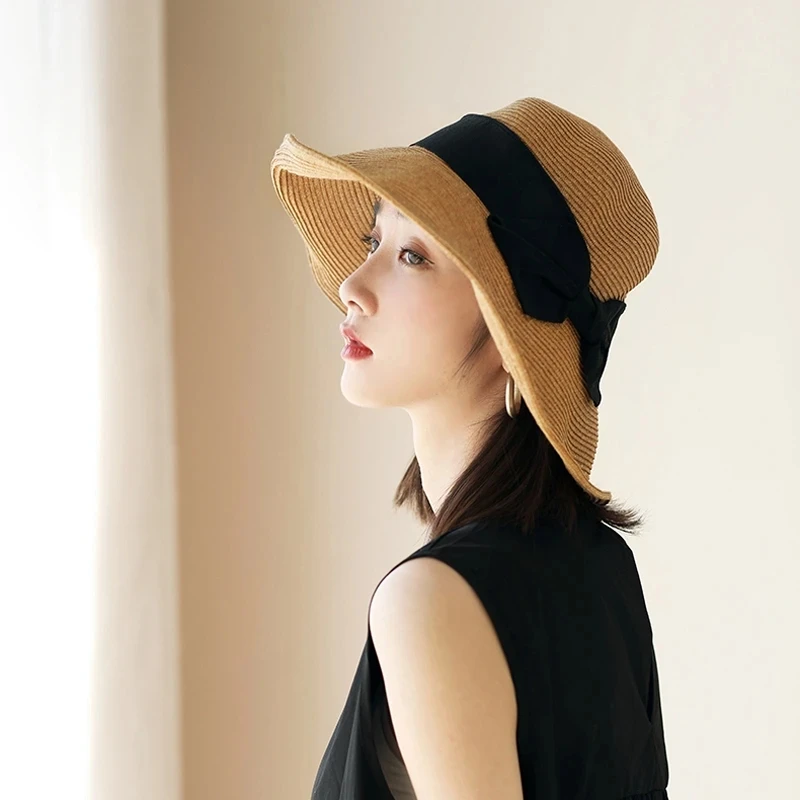 

2023 Luna&Dolphin French Style Women Summer Sun Hat Beach Straw Nature Color Bow Ribbon Cap Temperament Flat Collapsible Outdoor