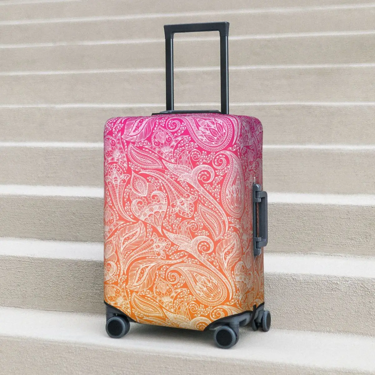 

White Paisley Suitcase Cover Pink to Orange Ombre Cruise Trip Flight Elastic Luggage Supplies Protection