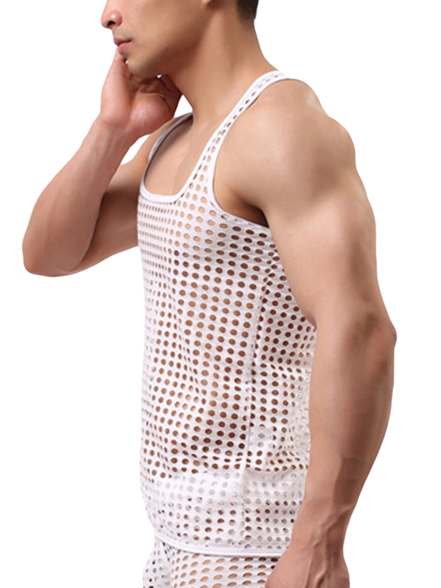 

LOSIBUDSA Men s Stylish Mesh Fishnet Tank Tops Sleeveless Hollow Out V-Neck Slim Fit Sheer Muscle T-shirts