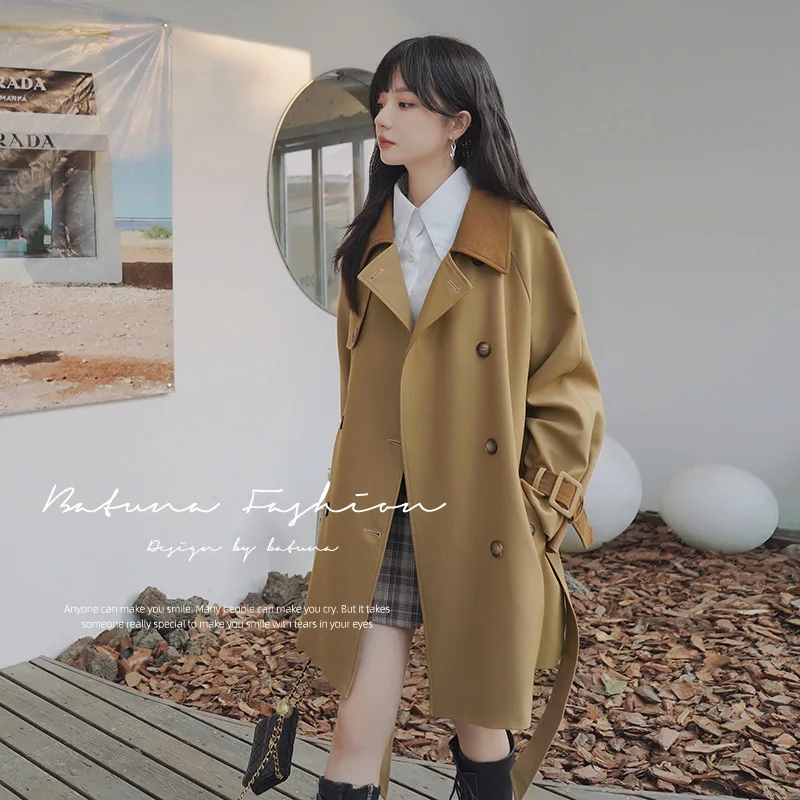 

SuperAen 2022 New Color Matching Khaki Double-breasted Full Casual Windbreaker Jacket Winter Clothes Women