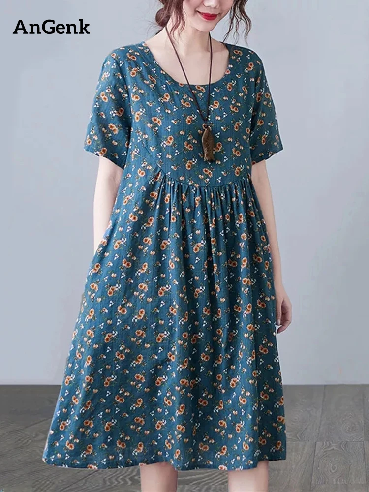 

Женское винтажное платье из хлопка и льна, повседневное свободное зеленое платье средней длины с коротким рукавом и цветочным принтом, элег...