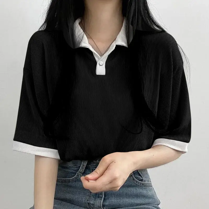 

Yasuk Summer Fashion Women's Casual Polo-Shirts Pullover Loose Top Fake Two Piece Suit All-Match Cute Student Patchwork Lapels