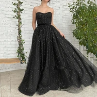 floor length sleeveless evening dress women 2022 strapless tulle sequins sexy formal party gown sweetheart with pocket