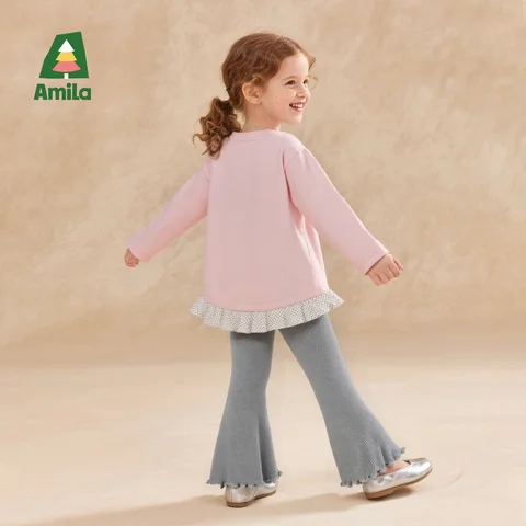 Топ с рюшами Amila для девочек, весенняя хлопковая футболка с длинными рукавами и мультяшным принтом, детский повседневный топ с оборками по подолу, розовый, белый, модный топ с рюшами для малышей