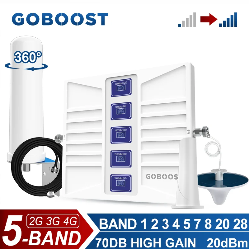 

GOBOOST 5 Band Signal Booster 2G 3G 4G Cellular Amplifier 700 800 850 900 1800 2100 1900 1700 2600 Network Repeater Antenna Kit