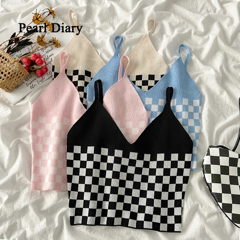 Женский короткий топ с жемчужным дневником летний без рукавов узором гридирона