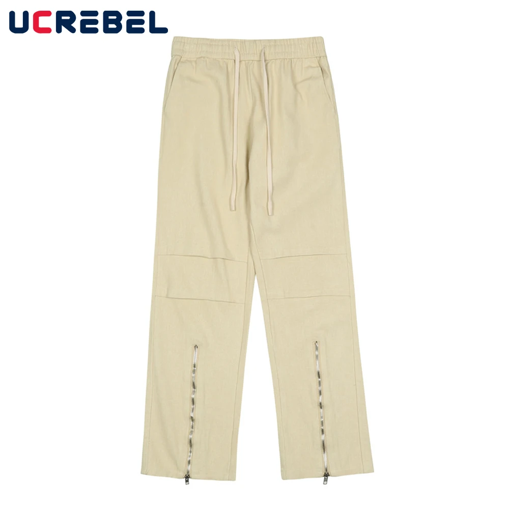 

Zipper Decoration Flared Pants Mens Streetwear Pleated Casual Pants High Street Elastic Waist Loose Straight-leg Trousers Men
