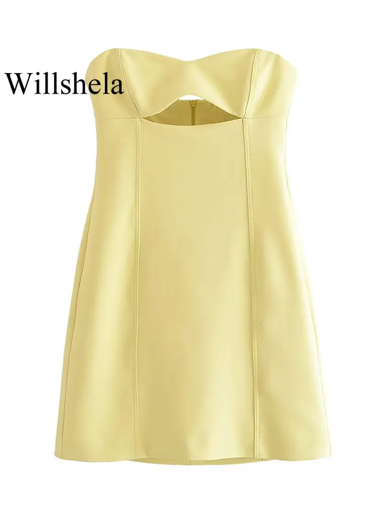 

Willshela Women Fashion Yellow Hollow Out Back Zipper Mini Dress Vintage Strapless Backless Female Chic Lady Dresses