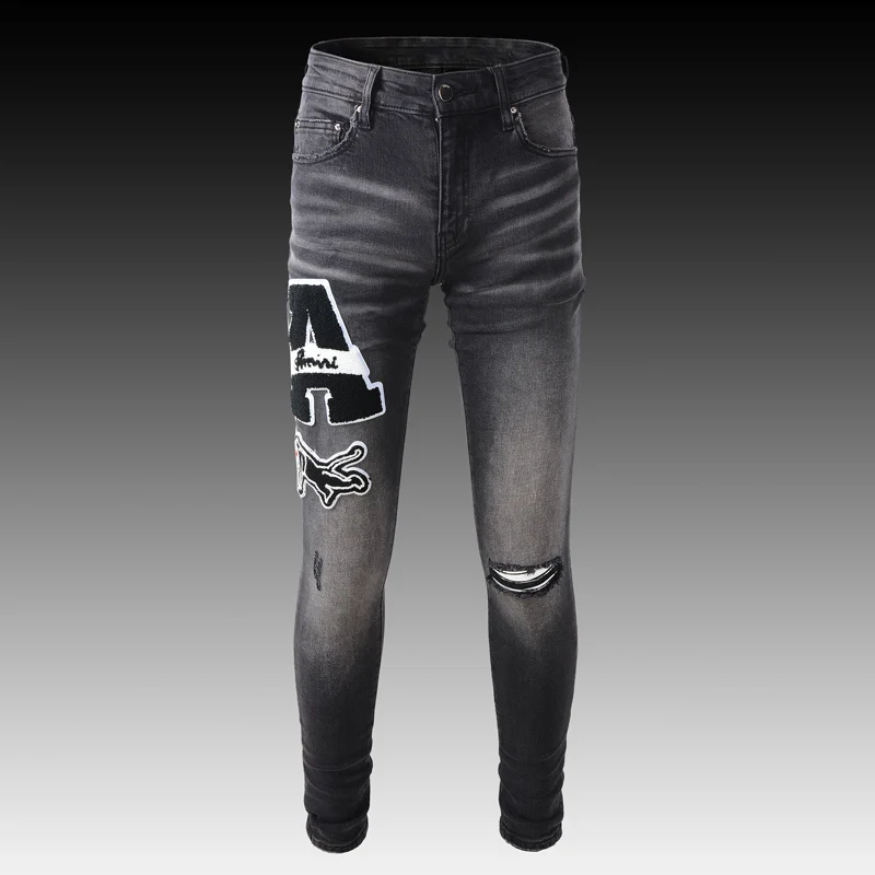Streetwear Fashion Men Jeans Retro Black Gray Elastic Slim Fit Ripped Jeans Men Brand Patches Designer Hip Hop Denim Punk Pants