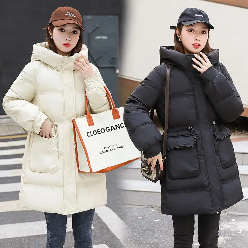 Women White Duck Down Coats Female Loose Thick Jackets Solid High Waist Warm Midi-length Windproof Down Casual Jacket Coats G224
