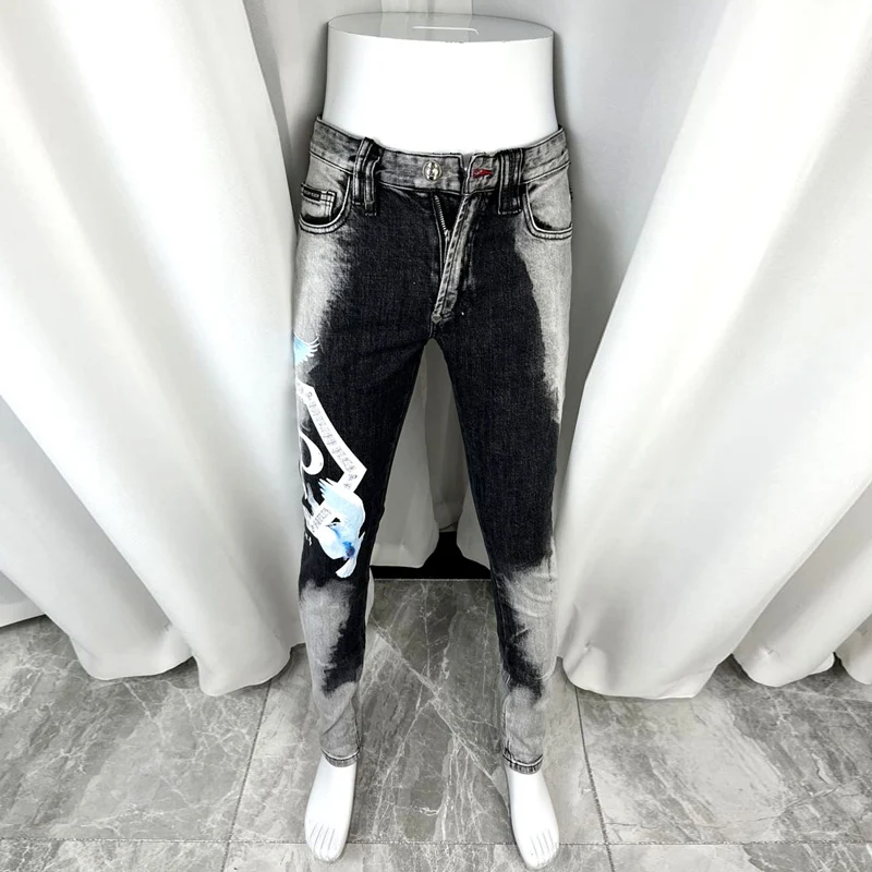

Street Fashion Men Jeans High Quality Retro Black Gray Elastic Slim Fit Printed Jeans Men Brand Designer Hip Hop Pants Hombre